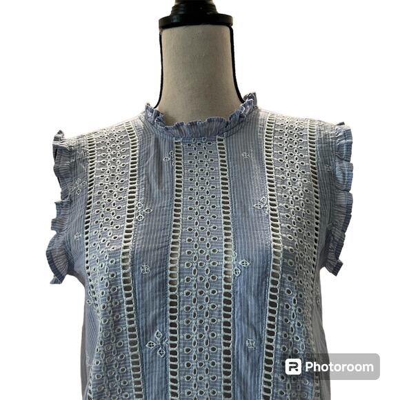 Topshop Tops - Top Shop Nordstrom Striped Top Blouse Eyelet Ruffle Sleeve Blue/White Size 4